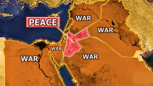 Map Of The Middle East Showing Jordan at the Centre surrounded by Israel, Palestine, Syria, Iraq , Egypt And Saudi Arabia.